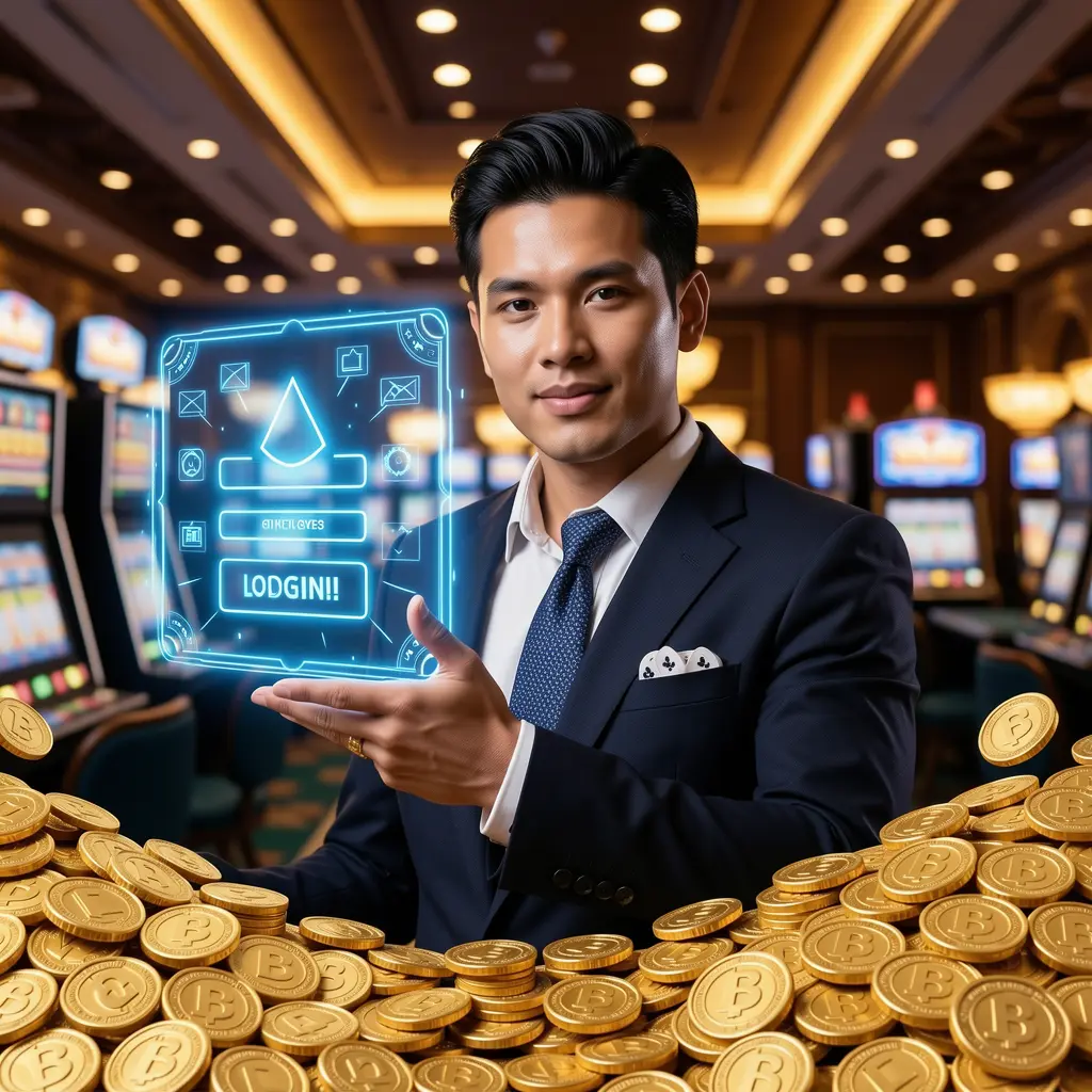 jili7979 Login – Secure and fast account entry for online casino players in the Philippines Confident JILI7979 casino dealer surrounded by glowing coins inviting players to enter their account on the login interface